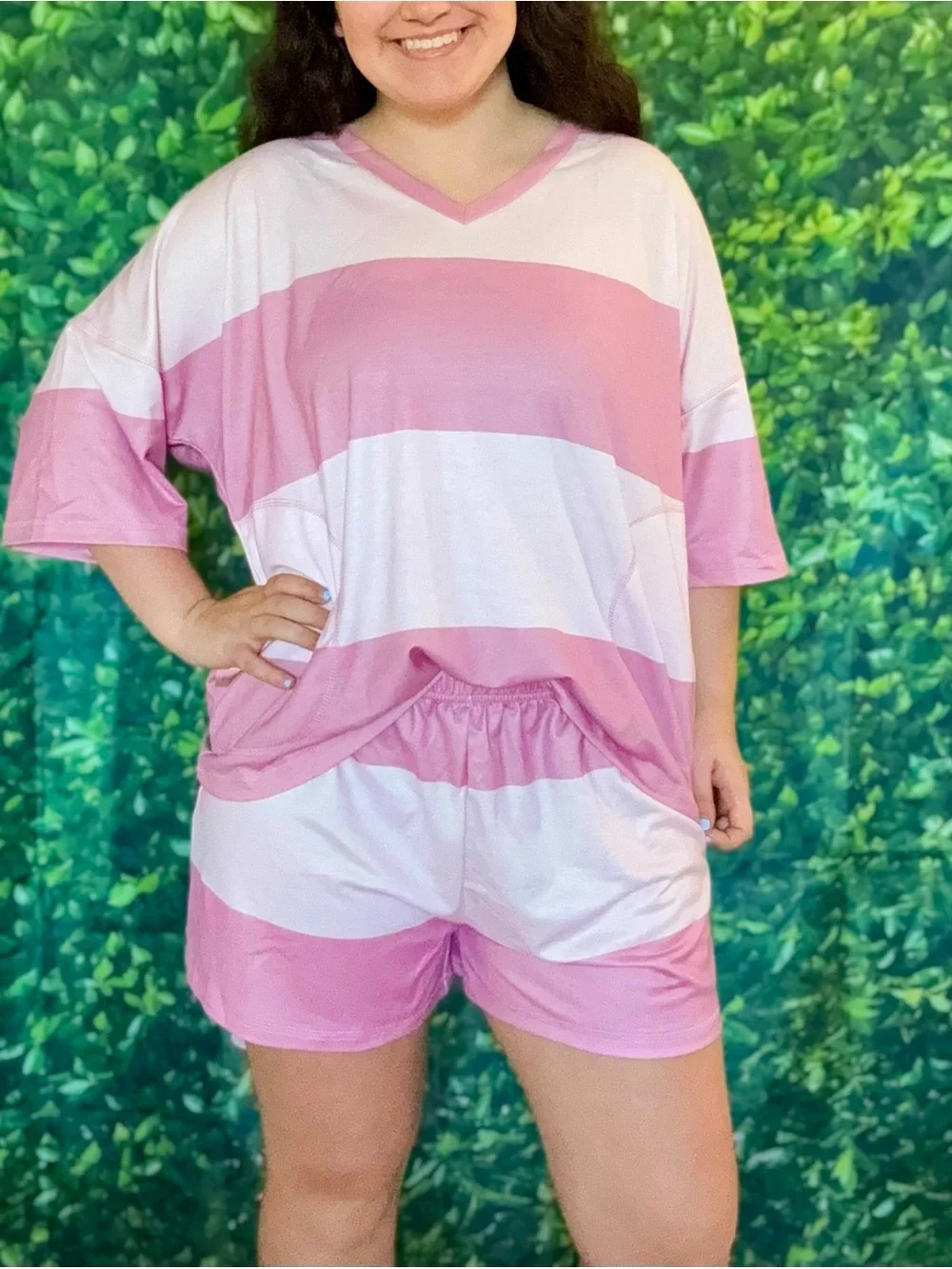 Women's Pink & White Stripe V-Neck Matching Set